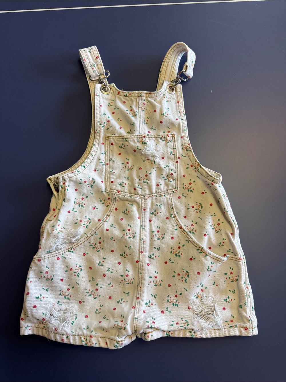 Zara Cream Floral Denim Short Overalls with Red & Green Print
